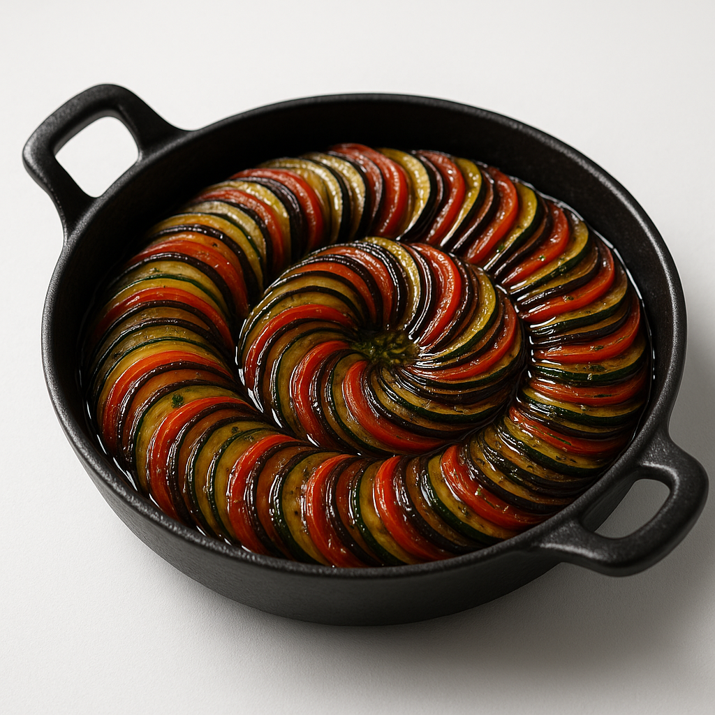 Ratatouille confit byaldi arranged in perfect spirals